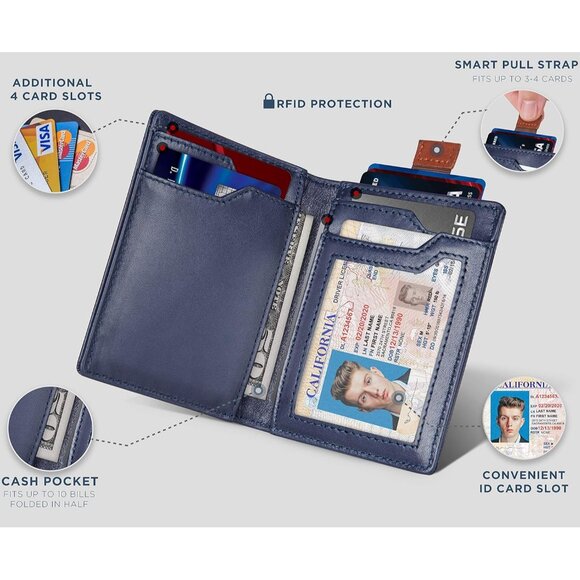 Men Blue Slim leather RFID Blocking Minimalist Card Front Pocket Wallets - Picture 7 of 10